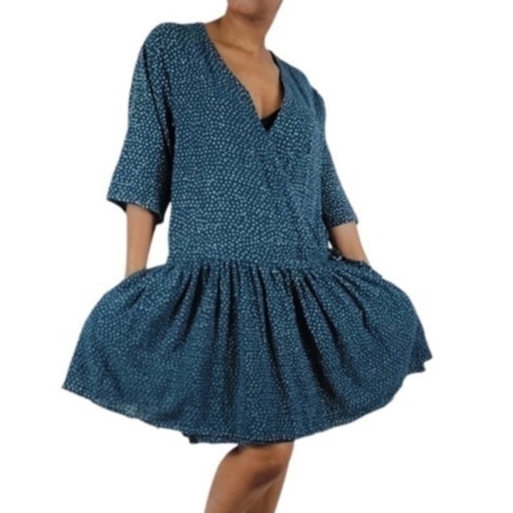 ONE TEASPOON Medium Cotton Starry Night Wrap Dress Blue Mini Lightweight Ruffle